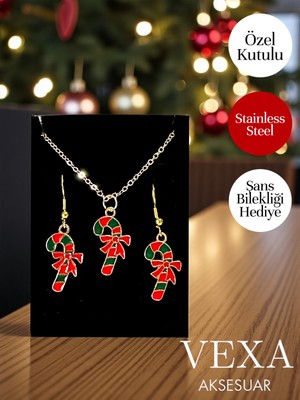 Yılbaşı Şeker Kamışı Kolye Küpe Seti 316L Çelik Özel Kutulu