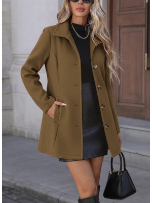 La Mode Istanbul Kadın Uzun Kollu Yakalı Önden Düğmeli Astarsız Ithal Kaşe Kahve Kaban