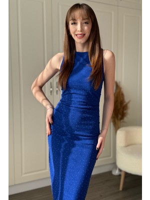 Dilay Gökoğlu Butik Drapeli Taşlı Midi Mavi Elbise