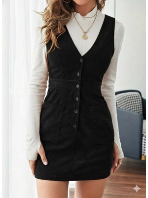 Miracotton Kadın Askılı V Yakalı Önden Düğmeli Mini Kalın Fitilli Kadife Elbise