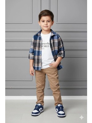 Bontino Erkek Çocuk Kolu Ayarlanabilir Gömlekli, Baskılı Tişörtlü ve Cepli Pantolonlu 3'lü Lüks Takım