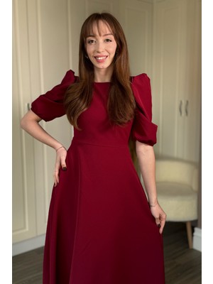 Dilay Gökoğlu Butik Balon Kol Midi Bordo Elbise
