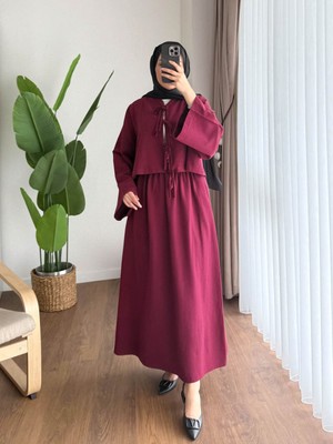 RFK Butik Kadın Önü Bağcıklı Tasarım Keten Takım - Bordo
