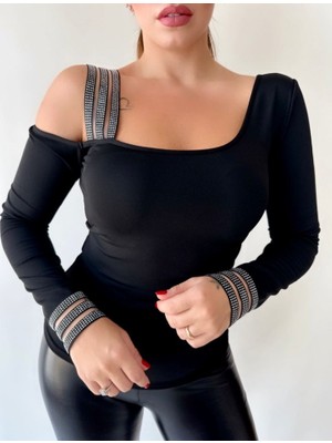 Aknbutik Kadın Omuz Dekolteli Taşlı Şerit Detay Bluz