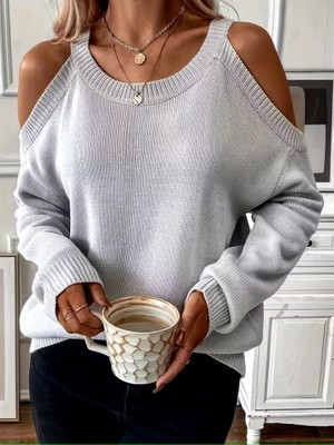 Passense Kadın Uzun Kollu Omuzlardan Açık Askılı Triko Bluz