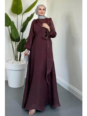 Tesettür Diyarı Yandan Bağlamalı Jan Jan Abiye -Mürdüm