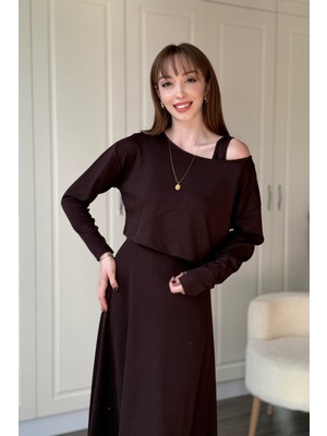 Dilay Gökoğlu Butik Modal Kumaş Kayık Yaka Ikili Kahverengi Elbise Takım