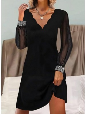 Arben Boutique Kadın Uzun Kollu V Yaka Lazer Kesimli Tül Detaylı Mini Ithal Krep Elbise