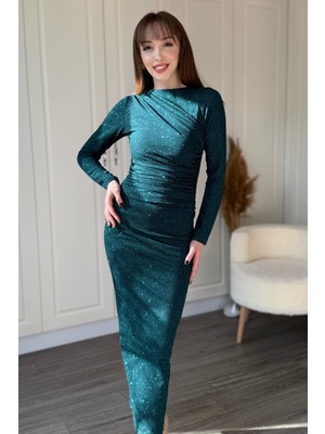 Dilay Gökoğlu Butik Simli Drapeli Uzun Kollu Zarif ve Şık Midi Elbise