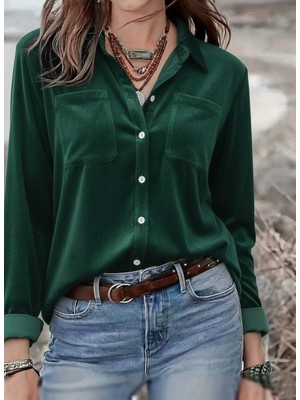 Aesco Kadın Uzun Kollu Yakalı Önden Düğmeli Cep Detaylı Kadife Gömlek