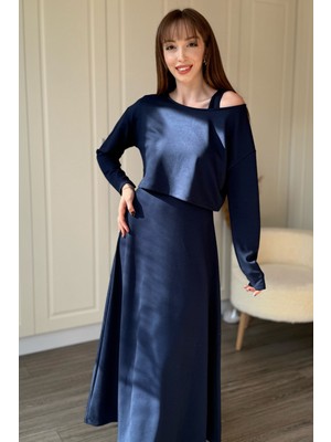 Dilay Gökoğlu Butik Modal Kumaş Kayık Yaka Ikili Lacivert Elbise Takım