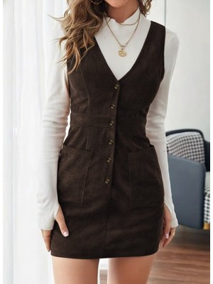 Passense Kadın Askılı V Yakalı Önden Düğmeli Mini Kalın Fitilli Kadife Elbise