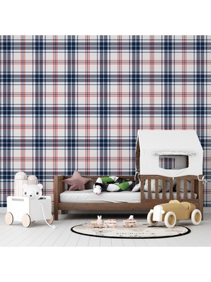 Grown 213-4 - Lacivert ve Kırmızı Renkli Kare Çizgili Duvar Kağıdı