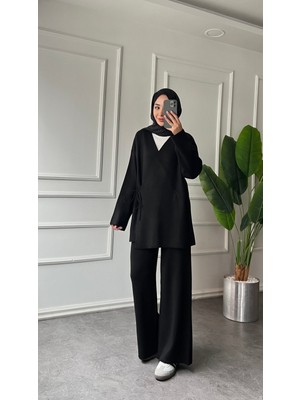 RFK Butik Kadın Yan Bağlamalı Triko Tesettür Takım - Siyah