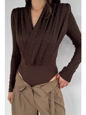 Gülseli Taşlı Kravuze Yaka Vatkalı Bodysuit P-00019762