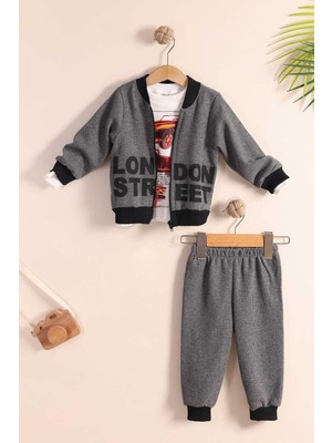 Kidello Antrasit Fermuarlı Hırkalı Erkek Bebek 3'lü Takım (1-3 Yaş)