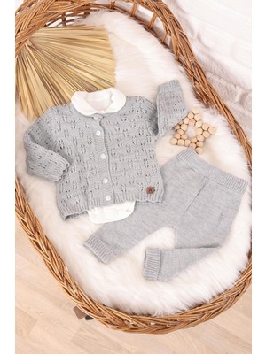 Kidello Gri Örme Body'li Triko 3'lü Bebek Takım