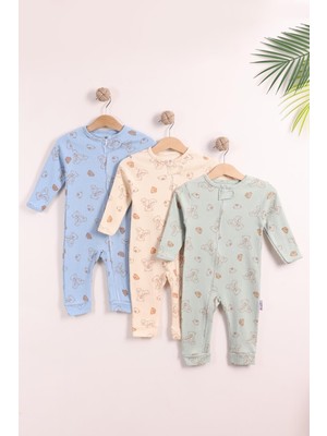 Kidello Mavi Erkek Bebek %100 Pamuklu Fermuarlı 3'lü Ayıcık Desenli Manşetli Tulum Seti (9AY 12AY 18AY)