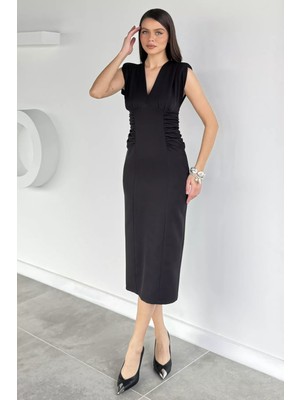 Gülseli Kadın V Yaka Bel Büzgülü Elbise P-00019718