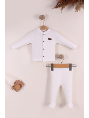 Kidello Beyaz Kız Erkek Bebek Takım Unisex Yenidoğan 0-3 Ay Ribana Kumaş Patikli Takım