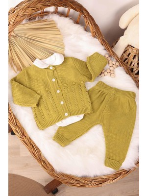 Kidello Fıstık Yeşili 3'lü Triko Bodyli Bebek Takım