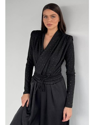 Gülseli Taşlı Kravuze Yaka Vatkalı Bodysuit P-00019762