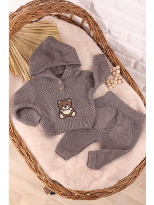 Kidello Kahverengi Ayıcıklı Kapüşonlu Triko Erkek Bebek 2'li Takım (3-12 Ay)