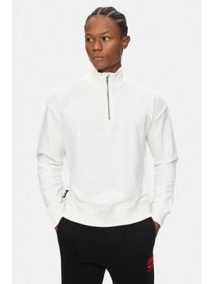 Ecko Unltd. Myndus Beyaz Dik Yaka Yarım Fermuarlı Nakışlı Loose Fit Erkek Sweatshirt