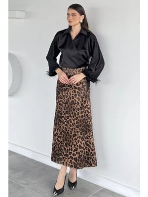 Gülseli Kadın Leopar Desenli Saten Etek P-00019816