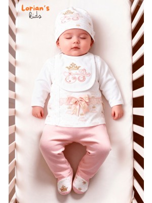 Lorian's Yeni Doğan Prenses Nakışlı Hastane Çıkışı 4'lü Zıbın Takımı - Açık Pembe