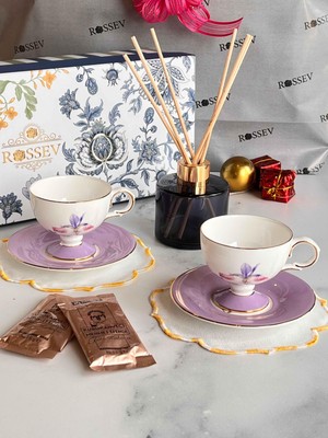 Rossev Hediyelik Iris Hediye Kutulu Bambu Çubuklu Koku ve Fincan Takımı 2 Kişilik