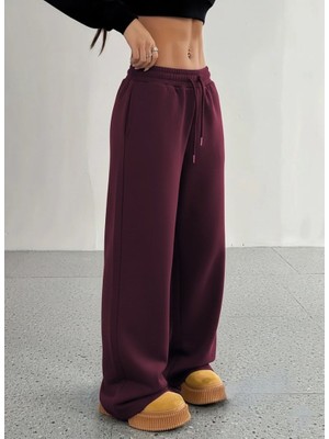 Tua Moda Kadın Yüksek Bel Lastikli Bağcıklı Geniş Kesim Dalgıç Mürdüm Pantolon