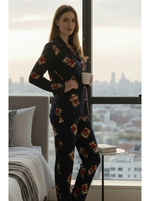 Bravie Luxury Soft Ayıcık Desenli Uzun Kollu Kadın Pijama Takımı – 3057 Lacivert