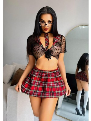 Efil Efil Kadın Kırmızı Ekose Kumaş Puantiyeli Tüllü Kravat Detaylı Önden Bağlamalı Esnek Gecelik