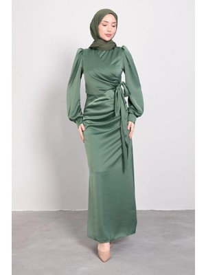 Tesettür Diyarı Yandan Bağlamalı Pile Detaylı Saten Abiye- Haki