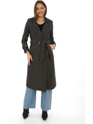 Kadın Balık Sırtı Kaşe Kaban - Uzun Boy Kruvaze Yaka Kuşaklı Astarlı Kışlık Tesettür Kaban, Yünlü Dokuma Kaşmir Kumaş, Cepli Rahat Oversize Kalıp Şık Modern Kaban Mont Modeli - Kahverengi