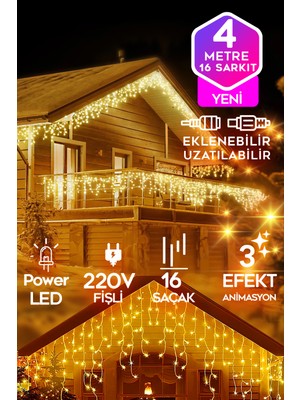 Sarı LED Işık Sarkıt, Modlu Efekt, 4 Metre, 16 Saçak, 220V, Fişliür