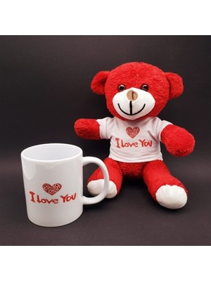 Evaglow I Love You Baskılı Kupa ve Kırmızı Ayıcık Seti
