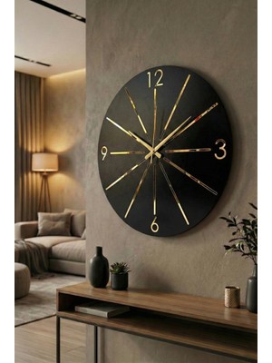 Siyah Renk Gold Gri Aynalı Çizgi Desenli Sessiz Hediyelik Ahşap Dekoratif Ev Ofis Duvar Saati 50CM