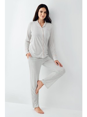 Pierre Cardin Kadın Düğmeli Çizgili Pijama Takım, Uzun Kollu ve Cepli, %50 Pamuk %50 Modal