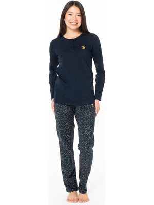 U.S. Polo Assn. Kadın Düğmeli Yaka Ev Giyim, Pijama Takım, Uzunkol, %100 Pamuk