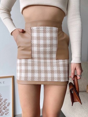 Mesga Butik Deri Cep Garnili Kaşe Etek Bej H24604