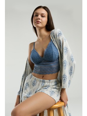 Arnetta 3'lü Ev Giyim, Sabahlık, Dantelli Bralet, Şort Set