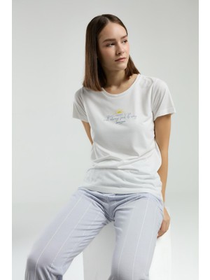 Pierre Cardin Kadın Yazlık Pijama Takım, Alt Çizgili ve Cepli, Üst Kısakol Yazı Baskılı