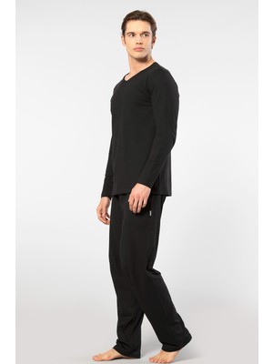 Cacharel Erkek V Yaka Uzunkol Pijama Takım, %50 Modal, %50 Pamuk Alt Pijama Ceplidir
