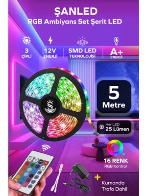 5m Renkli Şerit LED Işık, Kumandalı, Tak Çalıştır, Trafolu, Parti Aydınlatma