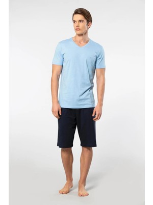 Cacharel V Yaka T-Shirt ve Cepli Bermuda Şort Takım, %50 Pamuk %50 Modal