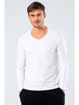 Cacharel Erkek Uzunkol V Yaka T-Shirt, %95 Pamuk %5 Elestan