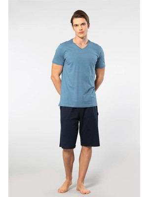 Cacharel V Yaka T-Shirt ve Cepli Bermuda Şort Takım, %50 Pamuk %50 Modal