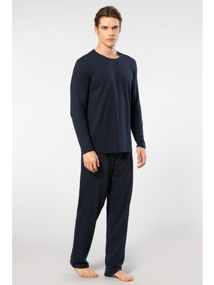 Cacharel Erkek Yuvarlak Yaka Uzunkol Pijama Takım, %50 Modal, %50 Pamuk Alt Pijama Ceplidir